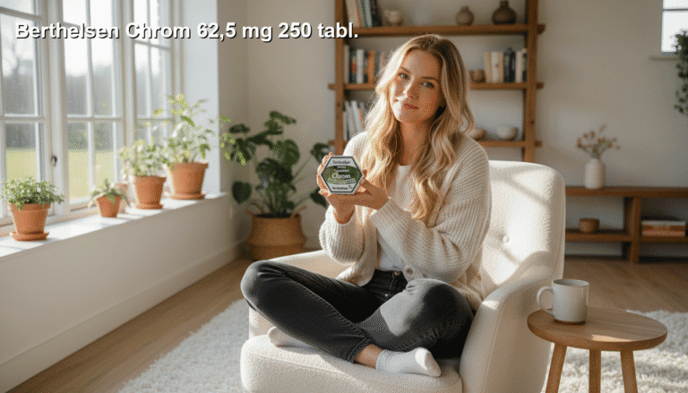 Kvinde sidder afslappet i en komfortabel stol i et lyst, hyggeligt hjem med masser af naturligt lys, grønne planter og bøger i baggrunden, mens hun holder en pakke medicin frem.