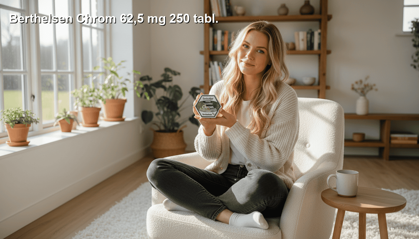 Kvinde sidder afslappet i en komfortabel stol i et lyst, hyggeligt hjem med masser af naturligt lys, grønne planter og bøger i baggrunden, mens hun holder en pakke medicin frem.