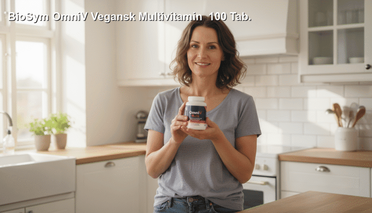 Billed af en smilende kvinde i et lys køkken, der holder en pose med Omniv Vegan Multivitamin, promoting sundhed og velvære med kosttilskud.