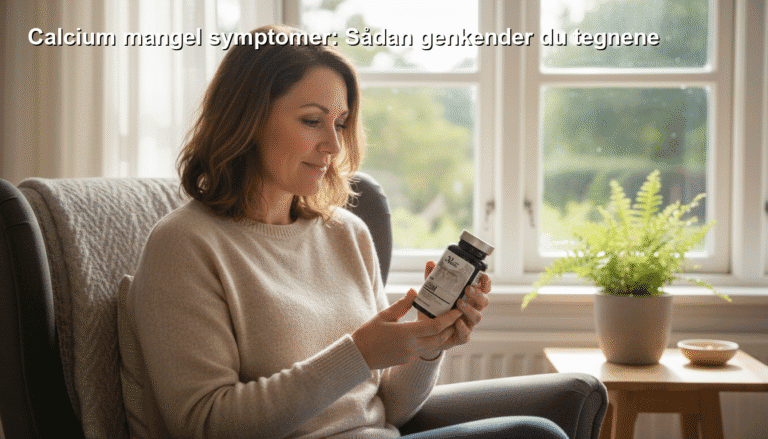 Calciummangel symptomer: Kvinde læser pilleæske med kosttilskud derhjemme for at identificere tegn på calciummangel.