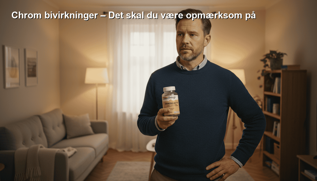 Højre: Alt tekst: Sund mand holder chrom-tilskud i hjemmet for at øge bevidstheden om chrombivirkninger og sunde vaner.