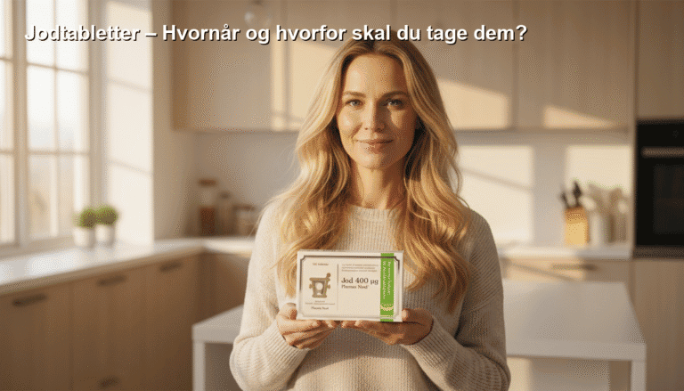 Jodtabletter, kvinde med jodpakke i hænderne, i et lyst og moderne køkken, illustrerer vigtigheden af jodtilskud til sundheden.