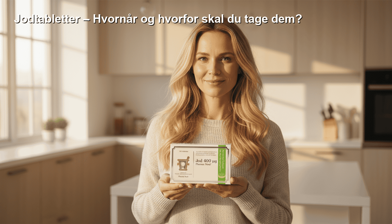 Jodtabletter, kvinde med jodpakke i hænderne, i et lyst og moderne køkken, illustrerer vigtigheden af jodtilskud til sundheden.