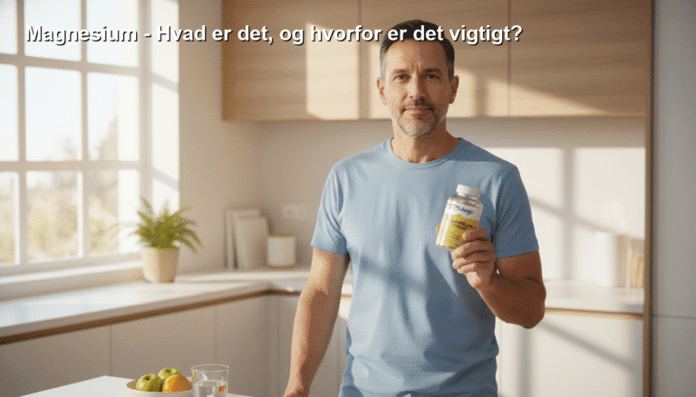 Magnesium kosttilskud, vigtigt for kropsfunktioner, sundhed og energi, præsenteret af Bedstesundhed.dk i en frisk hjemmemiljø scene.