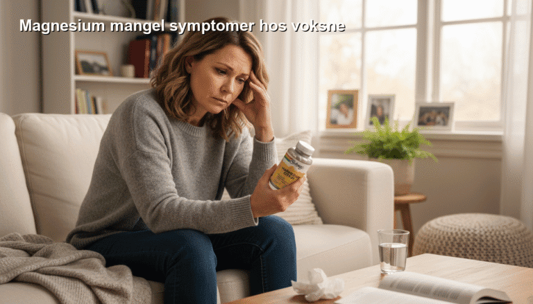 Magnesium mangel symptomer hos voksne, kvinde ser bekymret ud med medicin i hånden og glasset vand under sygdom.