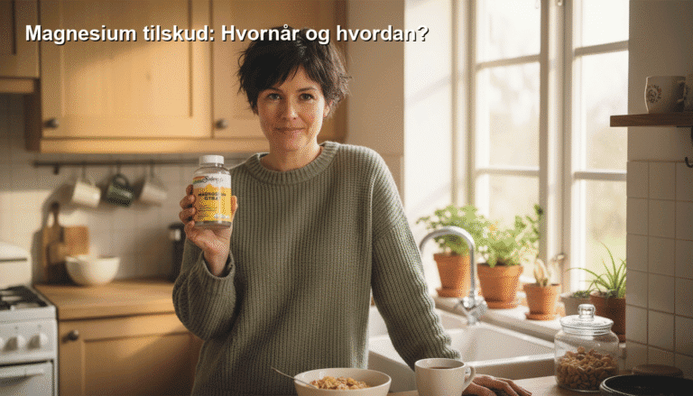 Magnesium tilskud på tablet, kvinde i køkken med magnesiumprodukt, sund kost og naturlige kosttilskud til forbedret velvære.