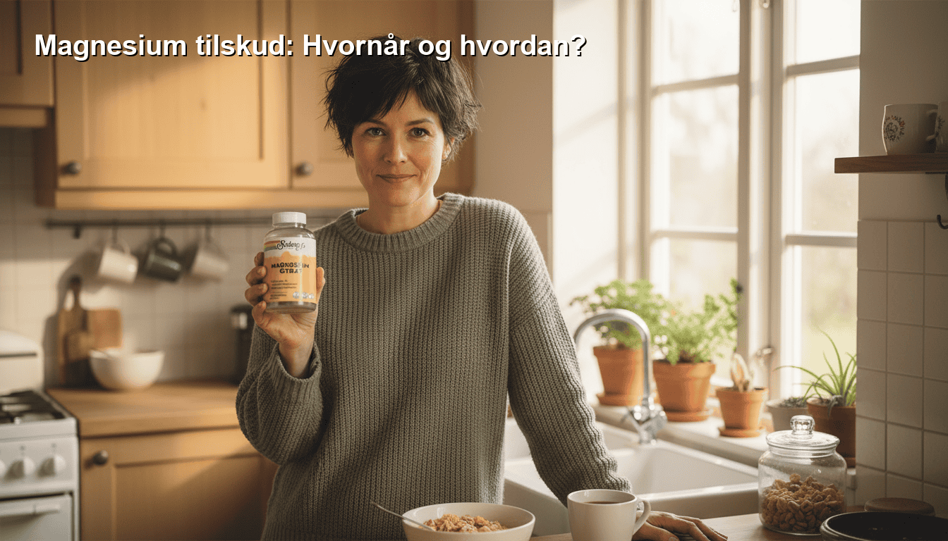 Magnesium tilskud på tablet, kvinde i køkken med magnesiumprodukt, sund kost og naturlige kosttilskud til forbedret velvære.