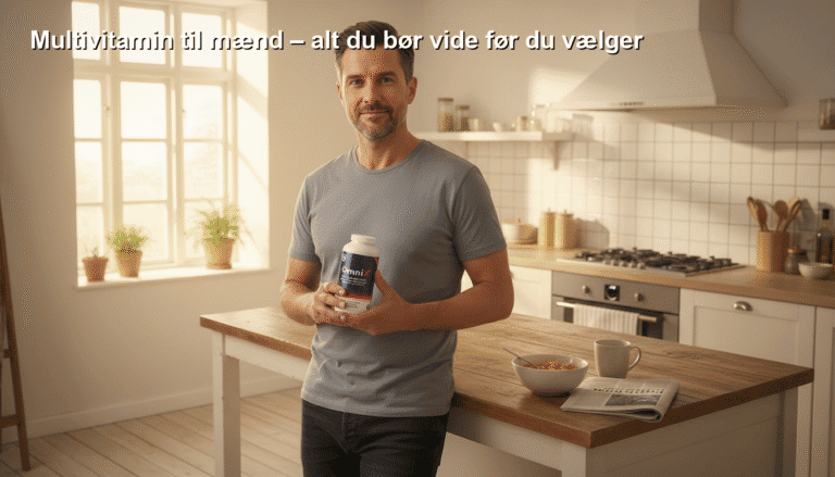 Multivitamin til mænd i køkkenet, sund kost og kosttilskud, fokus på ernæring og velvære for mænd, Ernæringsrådgivning, Bedstesundhed.dk.