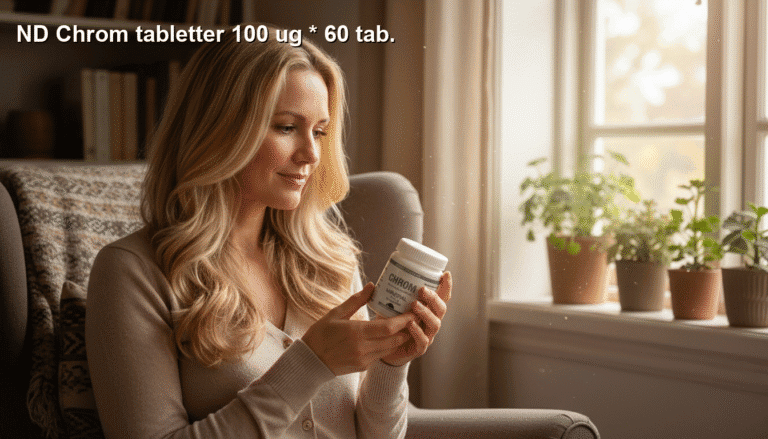 Nærbillede af en glad kvinde med blonde hår, der sidder i en brun lænestol og kigger på en boks med kosttilskud "Chromo", i et lyst rum med store vinduer og grønne planter.