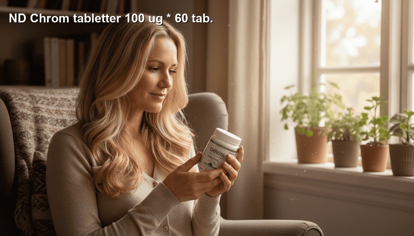 Nærbillede af en glad kvinde med blonde hår, der sidder i en brun lænestol og kigger på en boks med kosttilskud "Chromo", i et lyst rum med store vinduer og grønne planter.