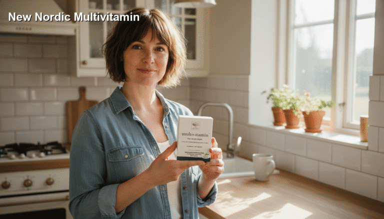 Nyt Nordic Multivitamin i et lyst køkkenskab, venlig kvinde holder pakken med multivitamin tabletter, klar til at styrke sin daglige sundhed i solbeskinnet hjem.