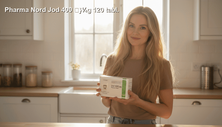 Jod 400 mikrogram, jod tablett for optimal thyroid- og stofskiftesundhed, med en glad kvinde i køkkenet.