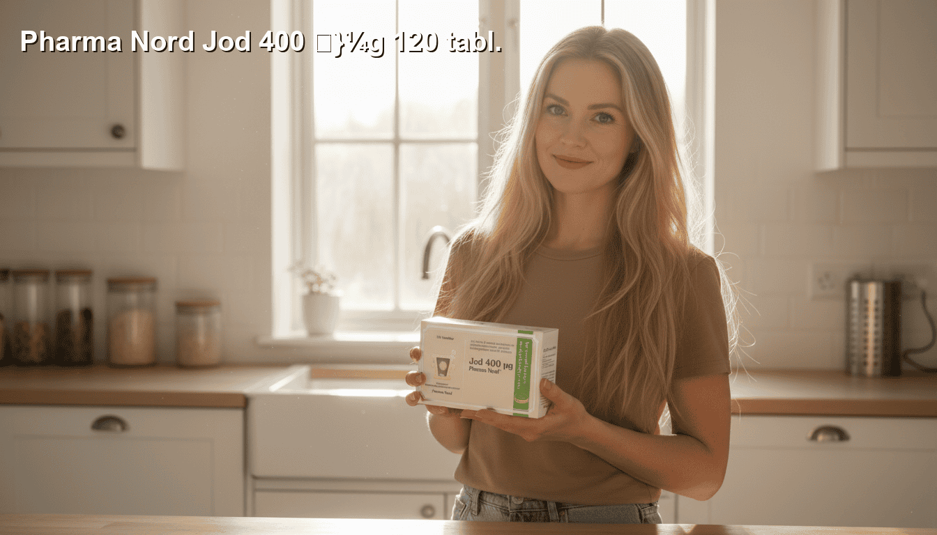 Jod 400 mikrogram, jod tablett for optimal thyroid- og stofskiftesundhed, med en glad kvinde i køkkenet.