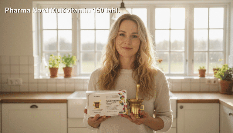 Multivitamin og kosttilskud i køkken, fremviser en glad kvinde med multivitaminpakke og morter til daglig sundhed og velvære. Fokus på vitaminer, kosttilskud og sund livsstil.