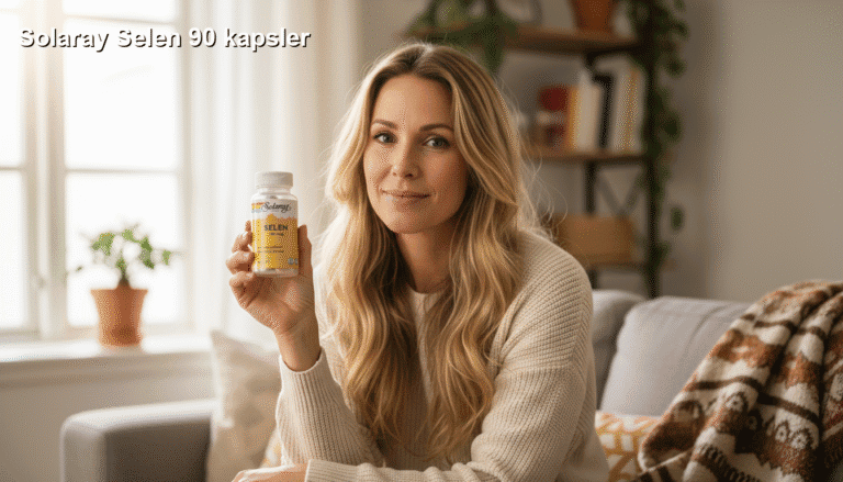 Solen kapsler, et kosttilskud til at forbedre hud, hår og negle med sollys-stimulerende ingredienser, præsenteret af en smilende kvinde i hjemmet.