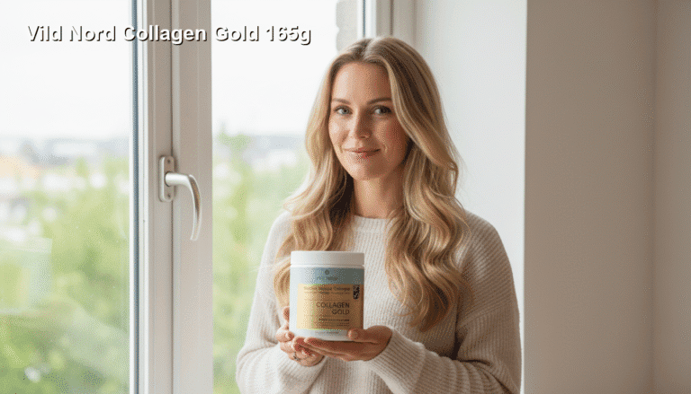 Bedstesundhed.dk, kvinder, der holder en skål med kollagenpulver ved vinduet for at fremme hudens sundhed og styrke forbindelser. Fokus på kosttilskud til skønhed og velvære.