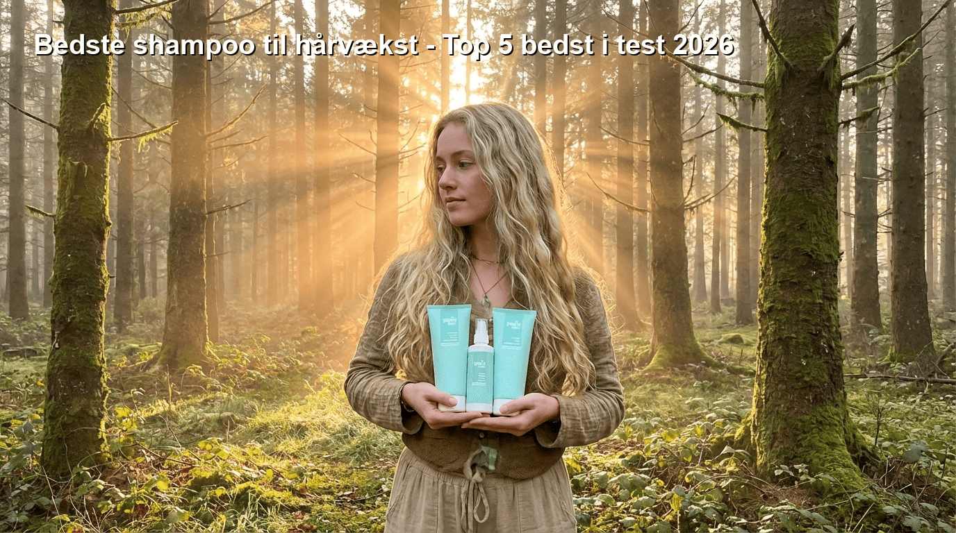 Billedet viser en kvinde i en skov, der holder hårplejeprodukter mod baggrunden af sollys og træer, hvilket illustrerer naturlig skønhed og hårpleje inspireret af naturen.