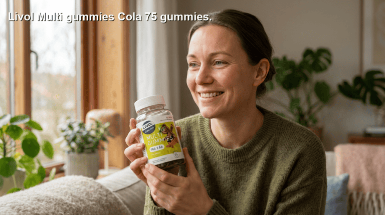 Alt-tekst: Sund kvinde i hjemmet holder en beholder med Livol Multi Gummies Cola 75 gummies, hvilket illustrerer kosttilskudsfordelene for børn og voksne for en sundere livsstil.